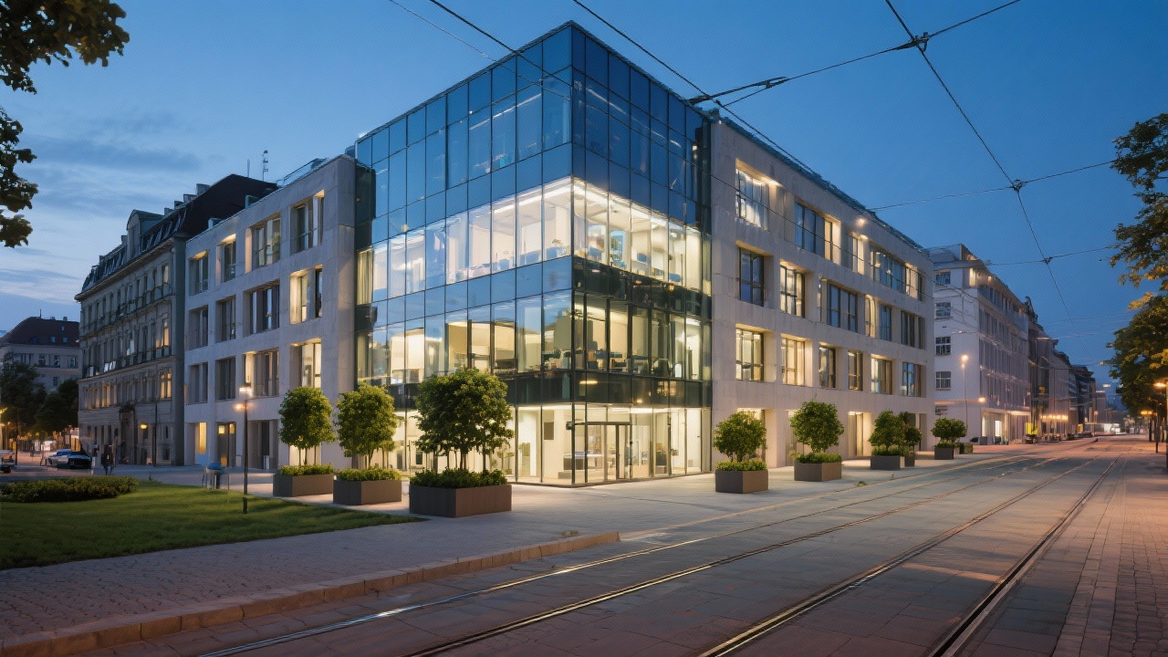 Exterior view of renovated Dresden office building with glass frontage greenery planters evening lighting and tram lines reflecting regional connectivity