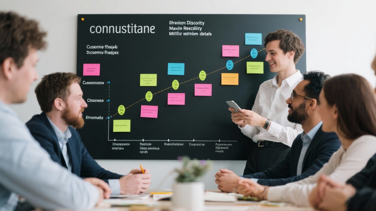 Consultancy team mapping customer journey phases on magnetic board using color-coded process cards and compliance markers during structured discovery workshop session