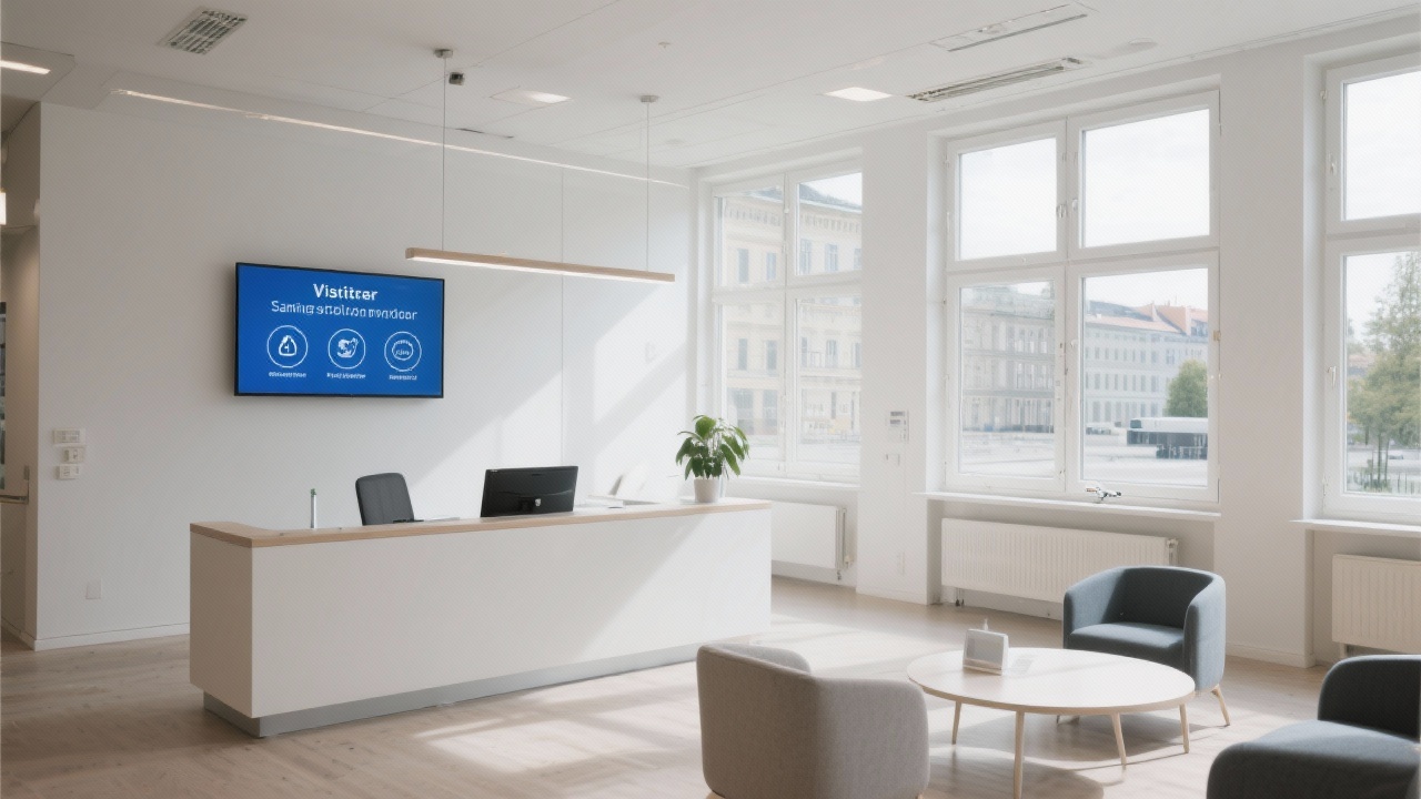 Reception area of Dresden office with minimalist furniture digital signage displaying visitor instructions sanitized surfaces and welcoming natural daylight through large windows