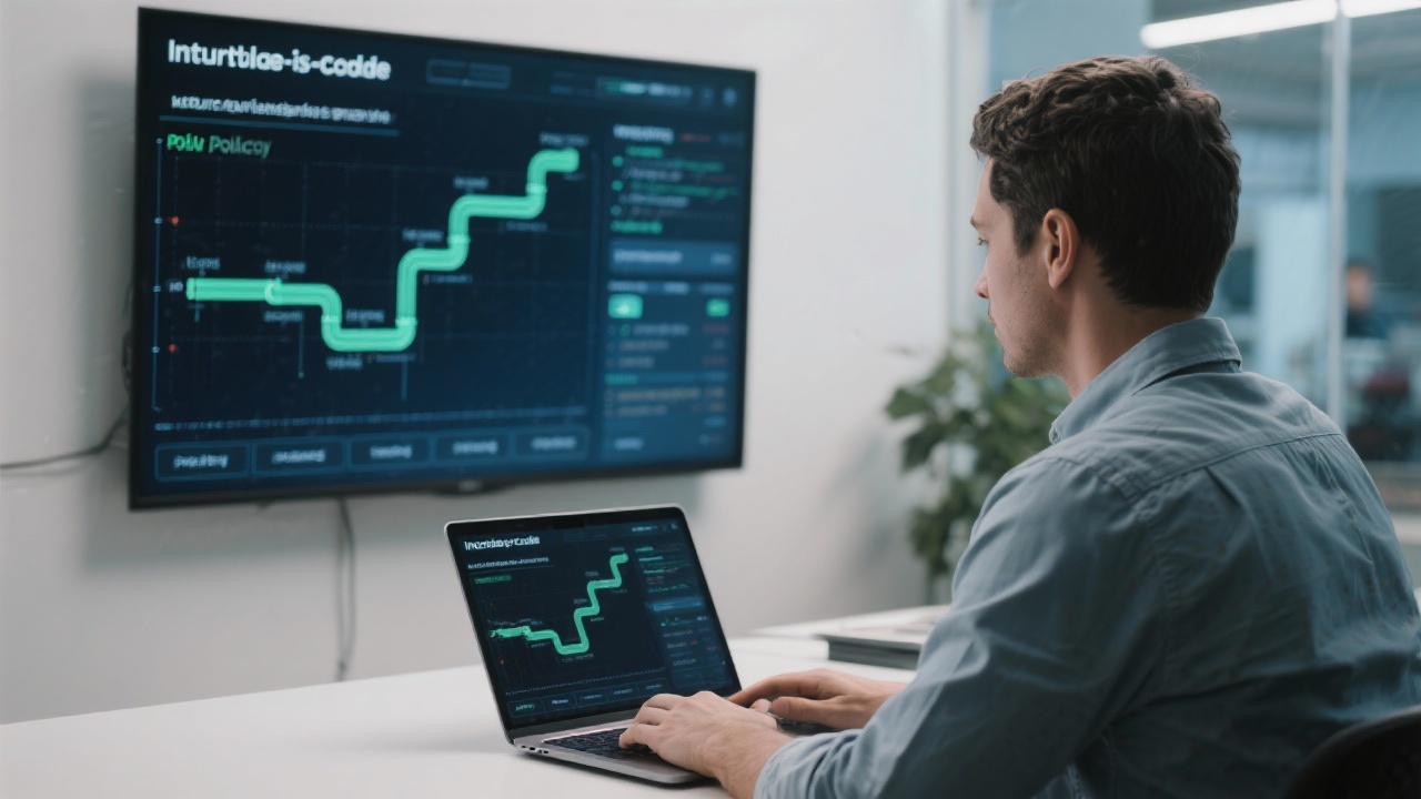 Cloud engineer automating infrastructure deployment on laptop connected to wall-mounted screen showing infrastructure as code pipelines and policy checks in progress