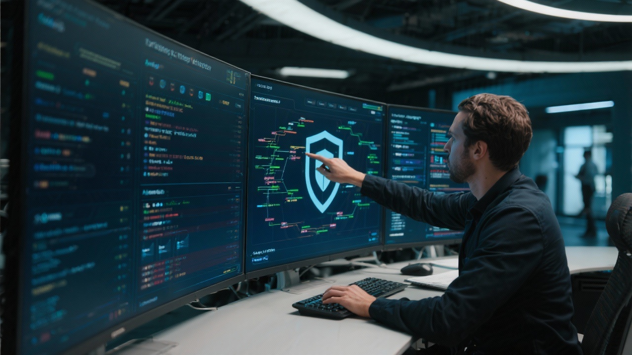 Security specialist monitoring threat intelligence feeds on curved display while adjusting firewall rules and granular access policies inside access-controlled operations center